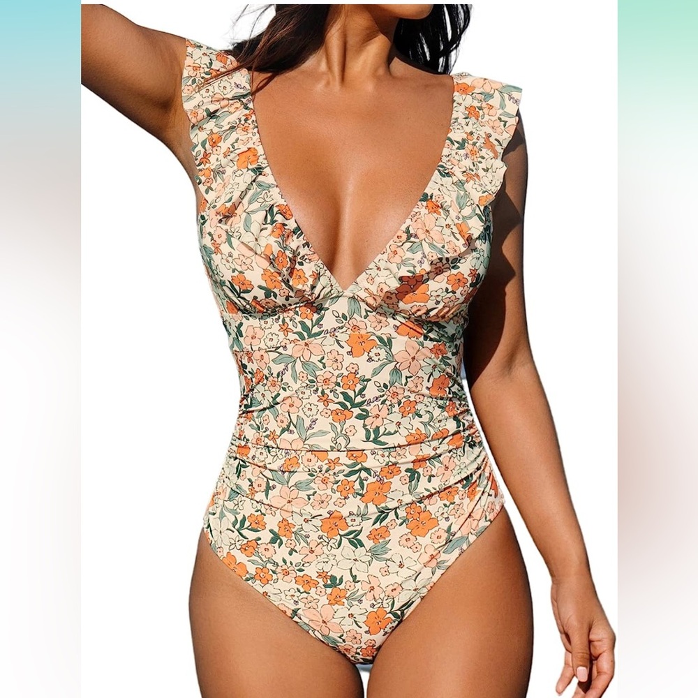 Women's Ruffled One Piece Swimsuit V Neck Lace Up
 - Large